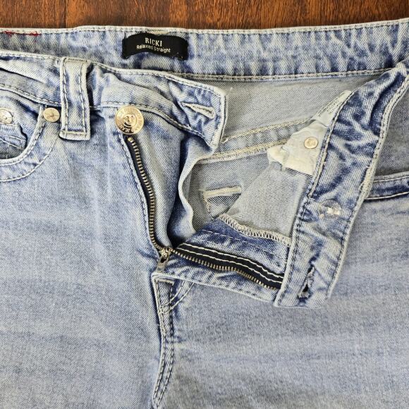 True Religion Ricki Relaxed Straight Leg Crossover Waistband Light Wash Jeans - Picture 7 of 11